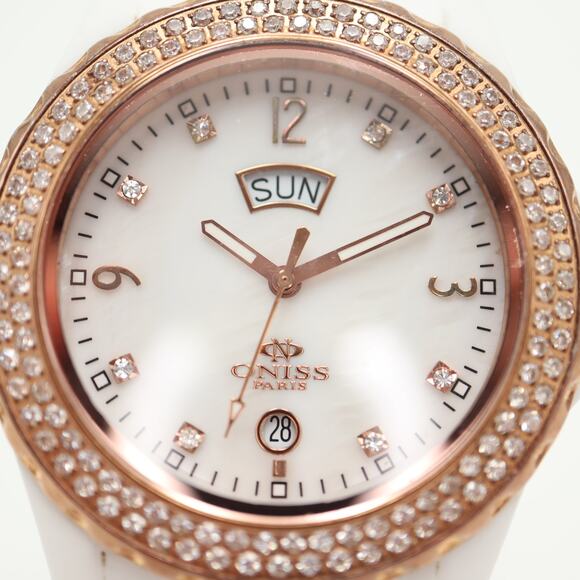 Oniss Paris White Ceramic MOP Day Date Watch 38mm Sapphire Crystal w New Battery - Picture 6 of 14